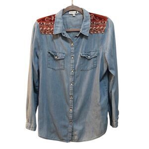 2/$30 Cotton On Shirt Womens Medium Denim Aztec Western Snap Embroidered Top